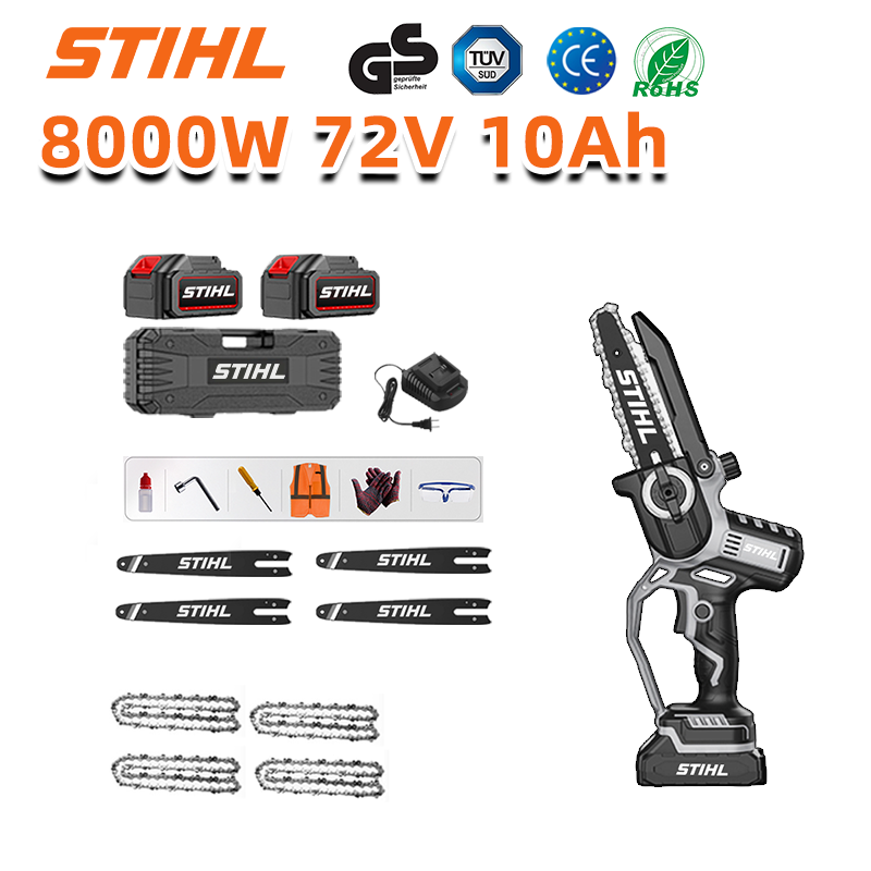 Afișaj LED (durata de viață a bateriei: 24 de ore). Ferăstrău electric litiu-ion de 8 inch, 8.000 W + baterii de 72 V 10,0 Ah (2) + încărcător (1) + lanțuri (4) + șine de ghidare (4)
