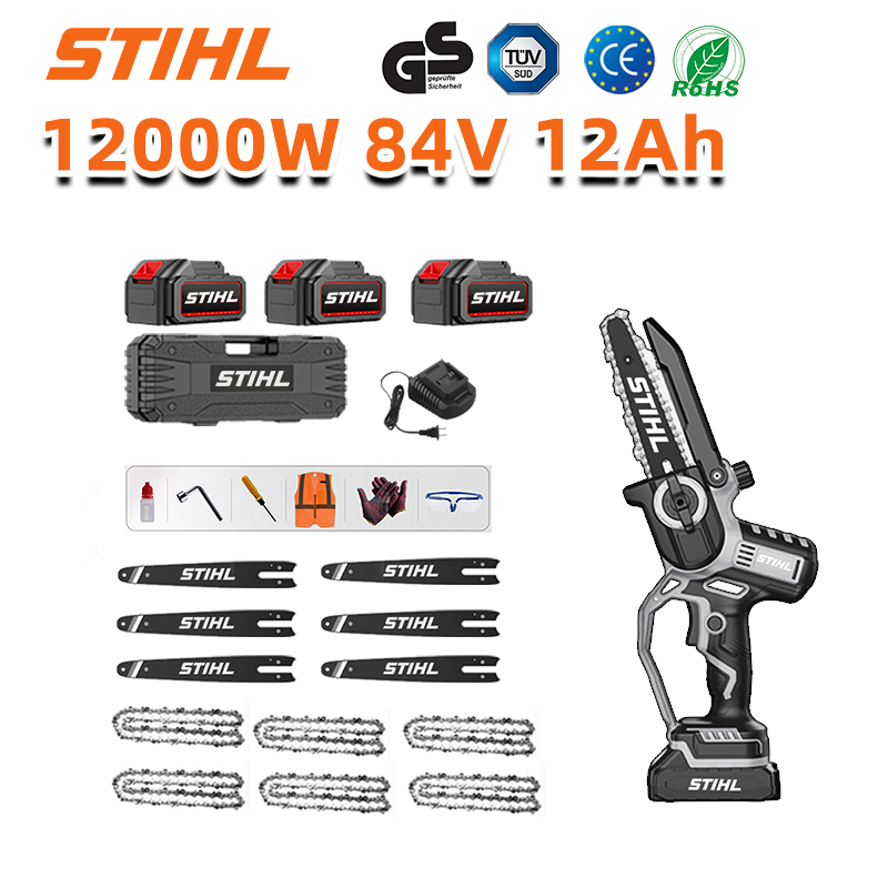 Afișaj LED (durata de viață a bateriei: 36 de ore). Ferăstrău electric litiu-ion de 8 inch și 12.000 W + baterii de 84 V și 12,0 Ah (3) + încărcător (1) + lanțuri (6) + șine de ghidare (6)
