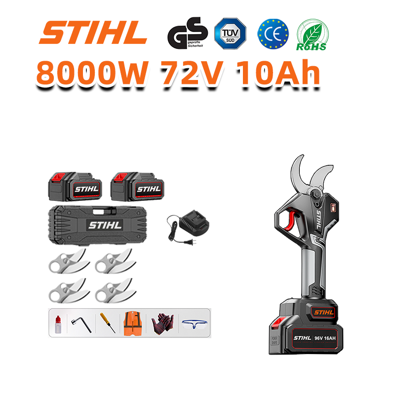 Afișaj LED (durata bateriei: 24 de ore). Foarfece de grădinărit cu litiu de 8 inch, 8.000 W + baterii de 72 V 10,0 Ah (2) + încărcător (1) + 4 lame din aliaj SK9 (4)